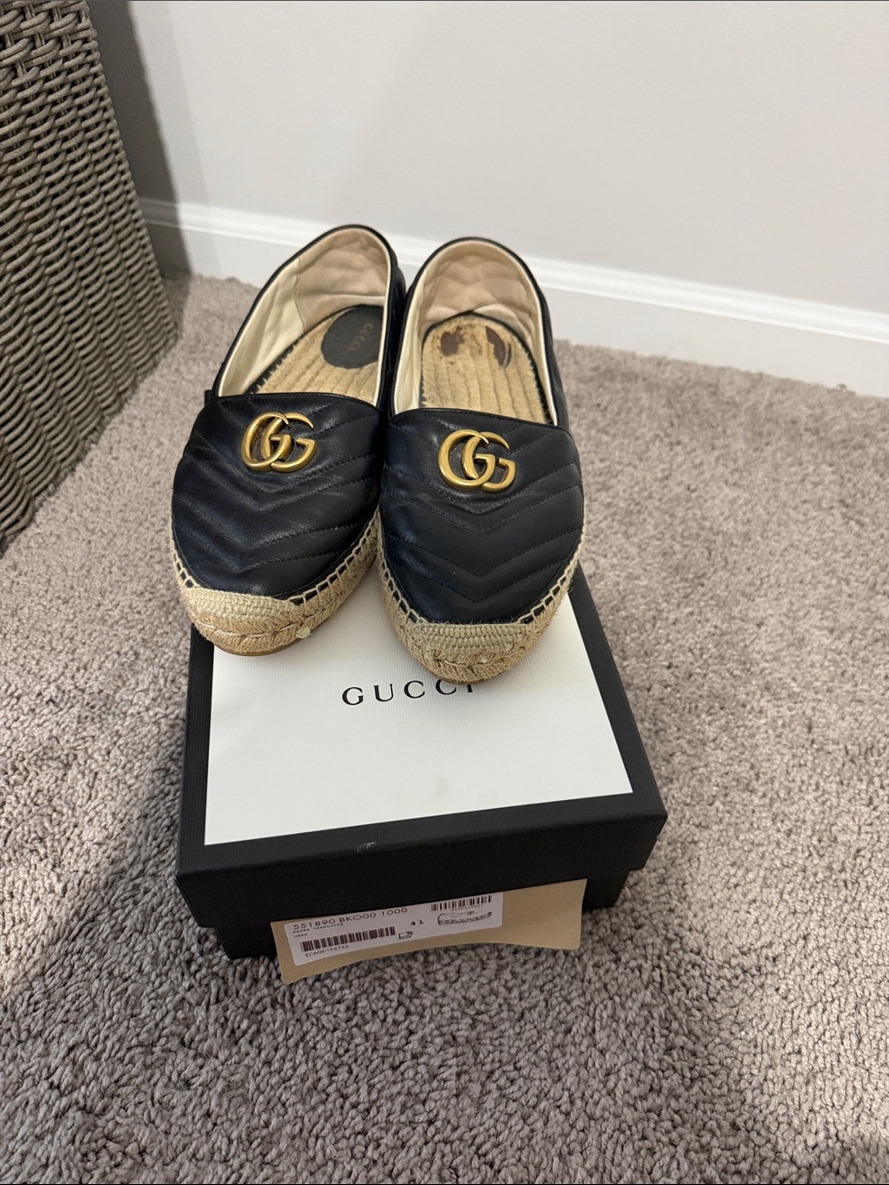 Gucci Black Leather GG Espadrille Slip-Ons with Jute Sole